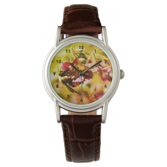 Montre Bumble Bee Sur Fleur Rose Abstraite Distressed (devant)