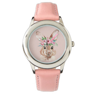 Montre Bunny D'Aquarelle Rose Pastel Moderne Avec Fleurs