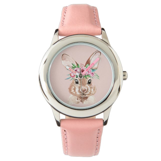 Montre Bunny D'Aquarelle Rose Pastel Moderne Avec Fleurs (devant)