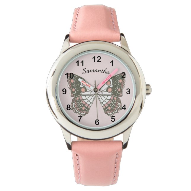 Montre Butterfly & Custom Name on Soft Pink (devant)