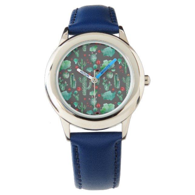 Montre cactus and ladybutern pattern - black background (devant)