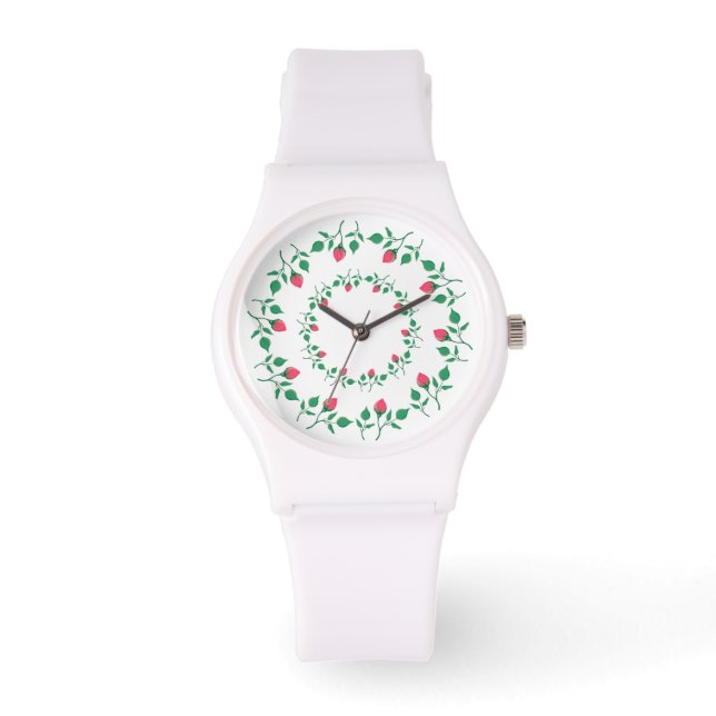 Montre Cadre rond fleuri avec fleurs roses (Recto)