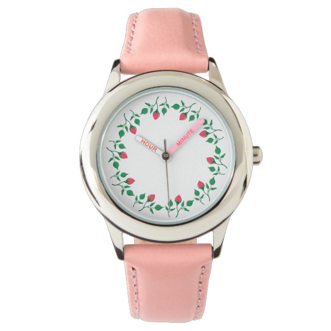 Montre Cadre rond fleuri avec fleurs roses (devant)