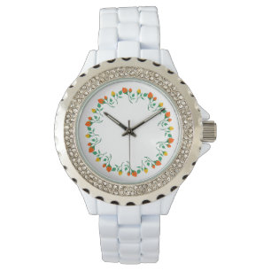 Montre Cadre rond floral avec fleurs de rose jaune et rou