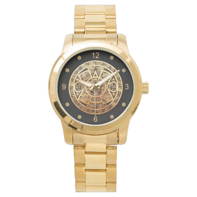 Montre Calendrier Sun Aztec ~ Or & Noir ~ Mexique ~ ~ (devant)