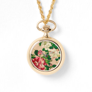 Montre Camellias japonais vintage. Rose profond sur le be