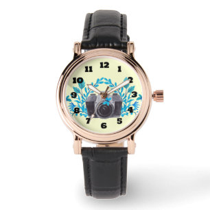 Montre Caméra Avec Feuilles Bleus Azur Et Papillons