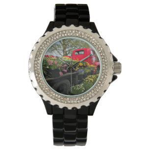 Montre Camion rouge avec fleurs de printemps et arc en ci