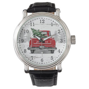 Montre Camion rouge vintage Arbre de Noël Bois rustique