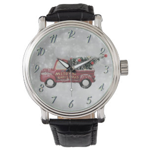 Montre camionnette rouge vintage sur un fond bokeh gris