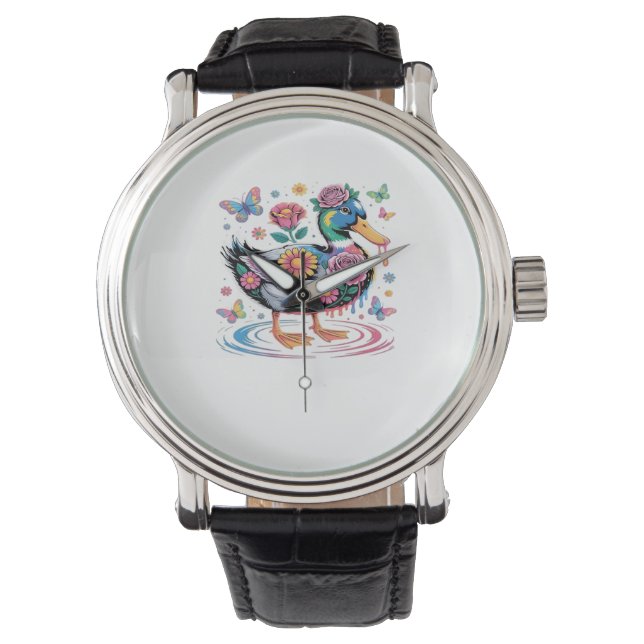 Montre Canard Imaginaire coloré avec fleurs et papillons (devant)
