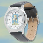 Montre Canot avec livre Guetteur personnalisé enfant<br><div class="desc">Une jolie montre pour les enfants pour apprendre à lire l'heure avec un mignon petit canard portant de grandes lunettes et portant un livre bleu. Personnalisez-le avec le nom de l'enfant. © ArianeC Illustrations-Tous droits réservés</div>