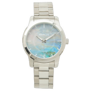 Montre Caraibes bleu Agate blanc cadran personnalisé
