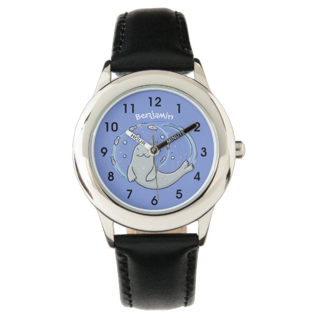 Montre Caricature joyeux de phoque et de poisson bleu (devant)