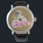 Montre Carlin et pivoines | Illustration aquarelle<br><div class="desc">Il s'agit d'une aquarelle représentant un carlin de chiot assis au milieu de fleurs de pivoines. Les fleurs commencent comme un bourgeon sur la droite et fleurissent lentement jusqu'à son maximum quand il va à gauche.</div>