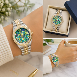 Montre Carreaux Abstraits Vert Monogramme Vert Aquarelle