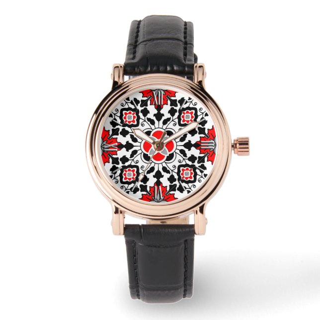 Montre Carrelage marocain floral, rouge profond, noir et  (Recto)