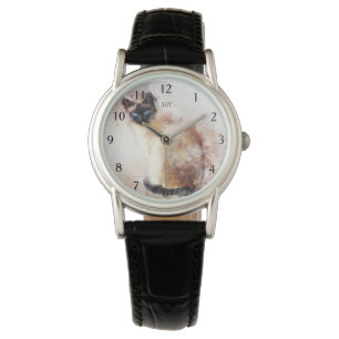 Montre Cat siamois peint en bleu teint