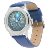 Montre Celestial Waves: Blue Octopus Fractal Art,  (Incliné)