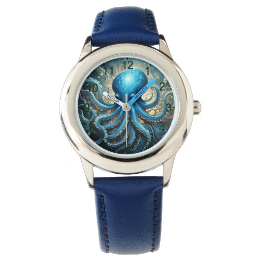 Montre Celestial Waves: Blue Octopus Fractal Art,  (devant)