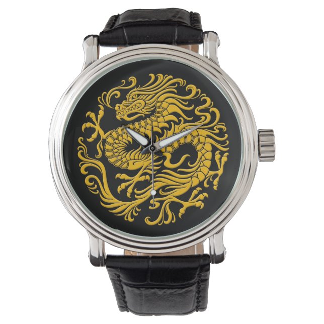 Montre Cercle de dragon chinois traditionnel jaune et noi (devant)