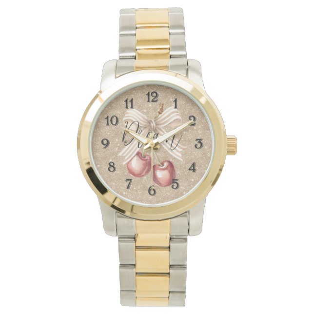 Montre Cerises Rouges Pailletées d'Or (devant)