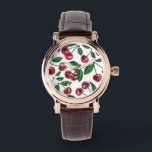 Montre Cerises rouges sur blanc<br><div class="desc">Cerisier peint à la main,  motif d'aquarelle et d'encre</div>