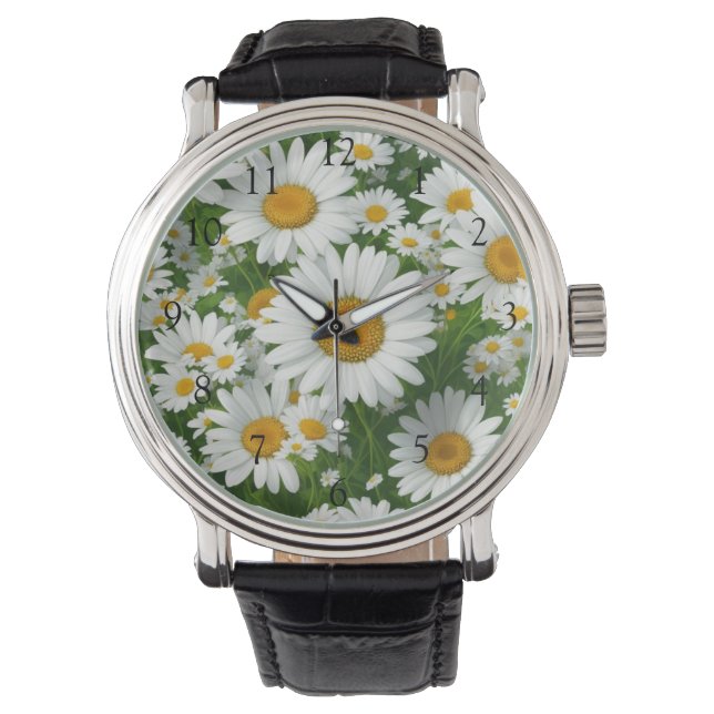 Montre Champs blancs de marguerites fleurs blanches verdu (devant)