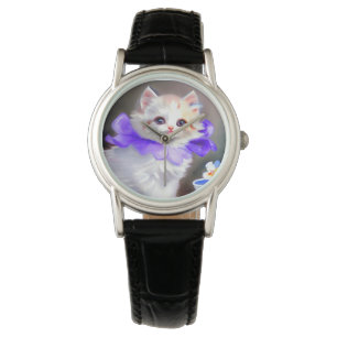 Montre Chat blanc avec collier de fleurs violettes