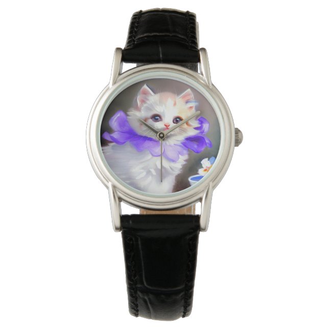 Montre Chat blanc avec collier de fleurs violettes (devant)