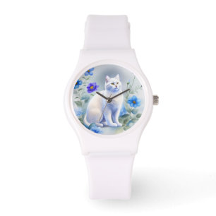 Montre Chat blanc avec fleurs bleues, peinture aquarelle