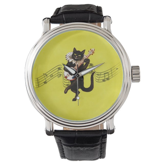 Montre Chat cool Jouer du Banjo sur Jaune (devant)