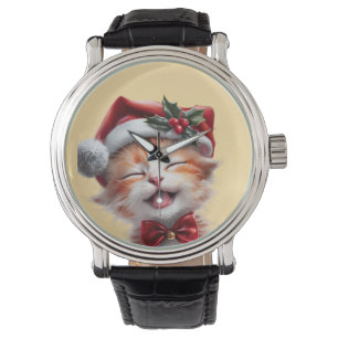 Montre Chat de Noël mignon avec chapeau de Père Noël et C