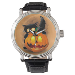 Montre Chat Fun Halloween Caractère mordant un Citrouille