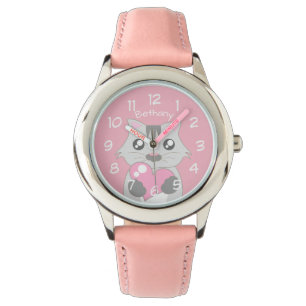 Montre Chat mignon tenant Coeur rose Personnalisé