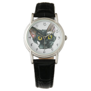 Montre Chat noir femme bracelet en cuir noir