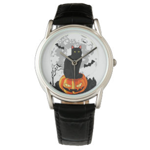 Montre Chat noir sur T-shirt Citrouille - Halloween Plein