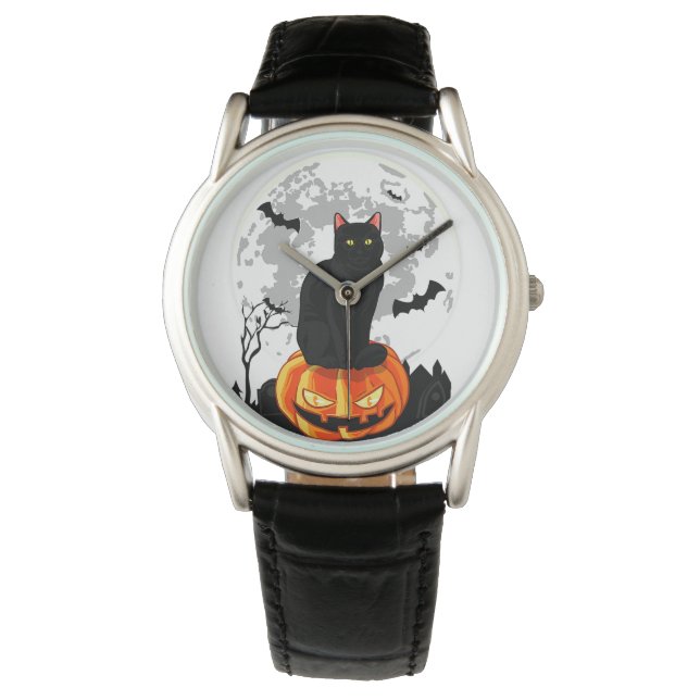 Montre Chat noir sur T-shirt Citrouille - Halloween Plein (devant)