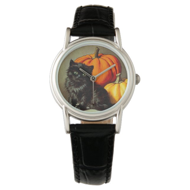 Montre Chat noir vintage d'Halloween et Citrouilles (devant)