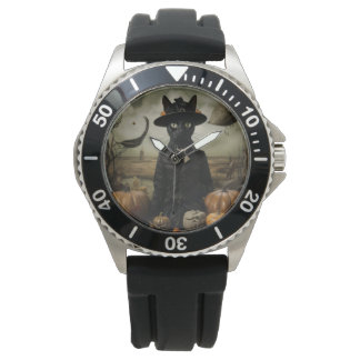 Montre Chat sorcière avec citrouilles