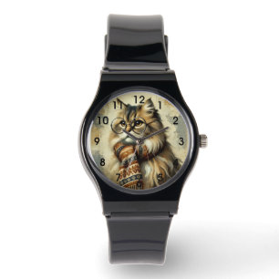 Montre Chat vintage avec lunettes et écharpe