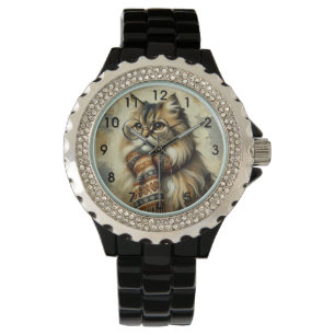 Montre Chat vintage avec lunettes et écharpe