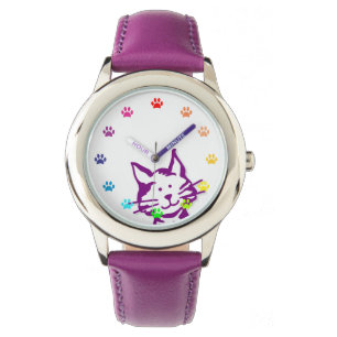 Montre Chat violet qui regarde avec des pattes en chiffre