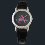 Montre Chaud rose noir Script Girl Nom du monogramme<br><div class="desc">Monogramme simple noir et rose chaud Monogramme Nom Montre. Cela fait le cadeau parfait de remise de diplômes,  anniversaire,  mariage,  douche nuptiale,  anniversaire,  baby shower ou bachelorette pour quelqu'un qui aime le luxe glam et les styles chic.</div>
