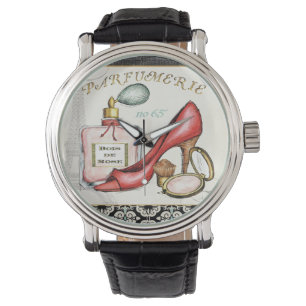 Montre Chaussure rouge, Bouteille de parfum et Poudre rou