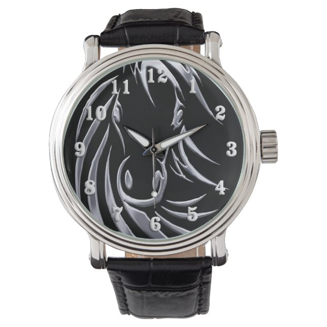 Montre Cheval argenté tête sur noir (devant)