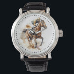 Montre Cheval de course équestre Thoroughbred moderne<br><div class="desc">Un garde-temps moderne orné d'une aquarelle représentant un pur-sang et d'un simple visage d'horloge,  fait un cadeau équestre et un accessoire à thème pour les amateurs de chevaux,  de derby à cheval et de courses hippiques.</div>