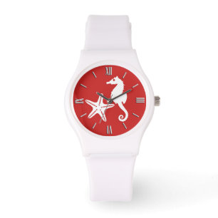 Montre Cheval de mer et poisson d'eau - corail noir rouge