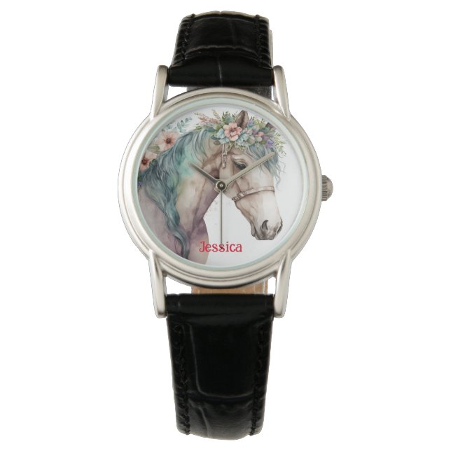 Montre Cheval et fleurs d'aquarelle moderne Nom (devant)