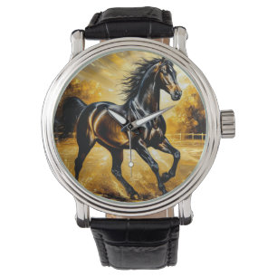 Montre Cheval noir galopant dans l'eau sous un coucher de